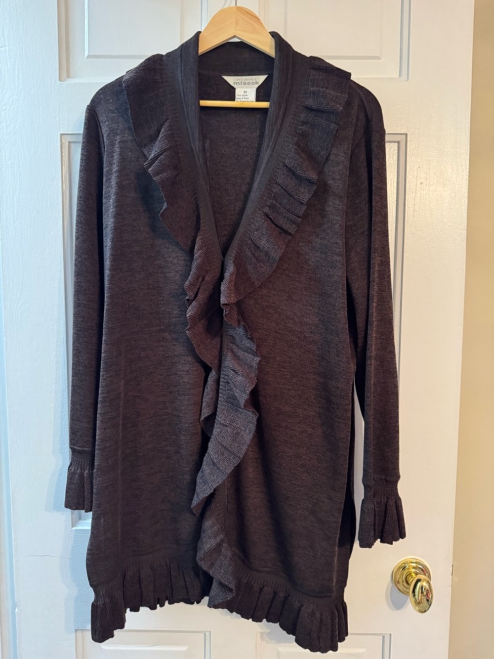 Misook Brown Ruffle Trim Knit Cardigan Sweater Size M